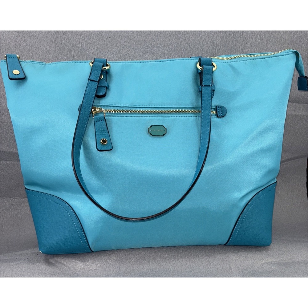 Kate Landry Turquoise‎ Nylon 2 Handle Shoulder Tote Bag Large Faux Leather GUC